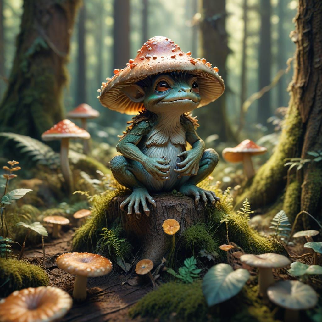Whimsical Goblin on Mushroom in Forest Landscape