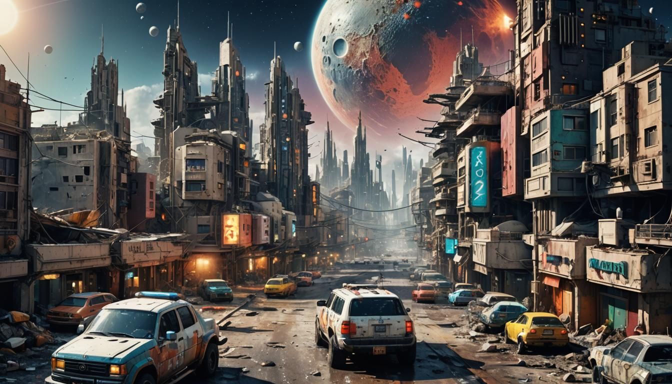 Street view of a 23rd century city on the Moon. Color photog...