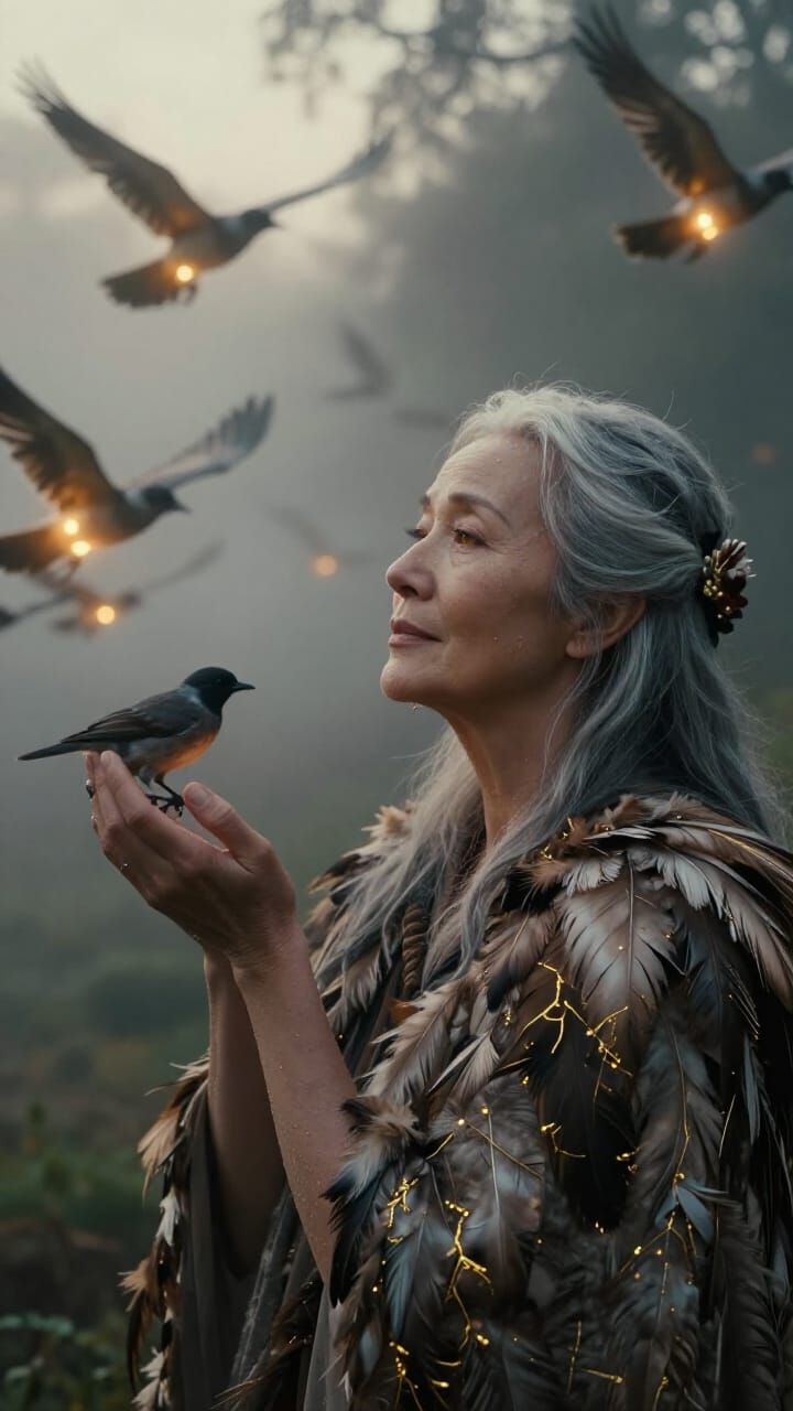 Woman in Misty Forest with Glowing Birds