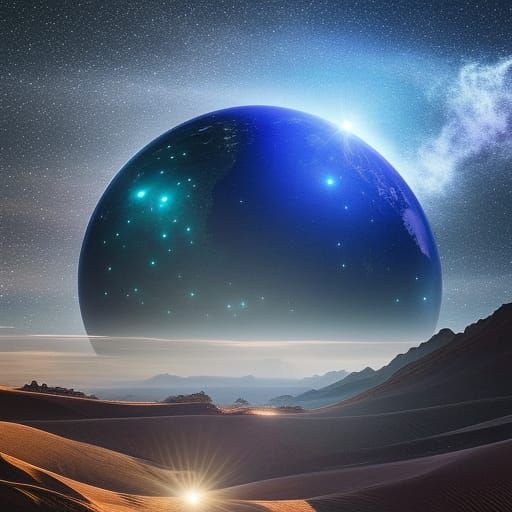 A sparkling crystal sphere in the universe : vibrant blue co...