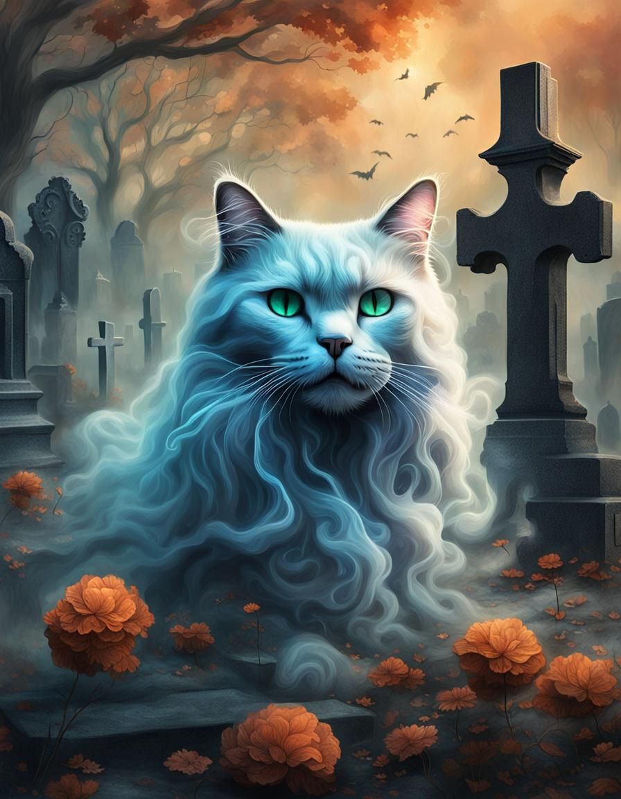 Translucent Ghost Cat in Cemetery: Spooky Fun