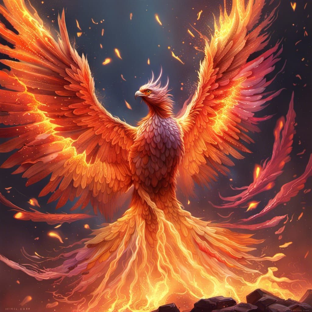 phoenix, ashes ,fire ,wings, Hyperrealistic, splash art, concept art ...