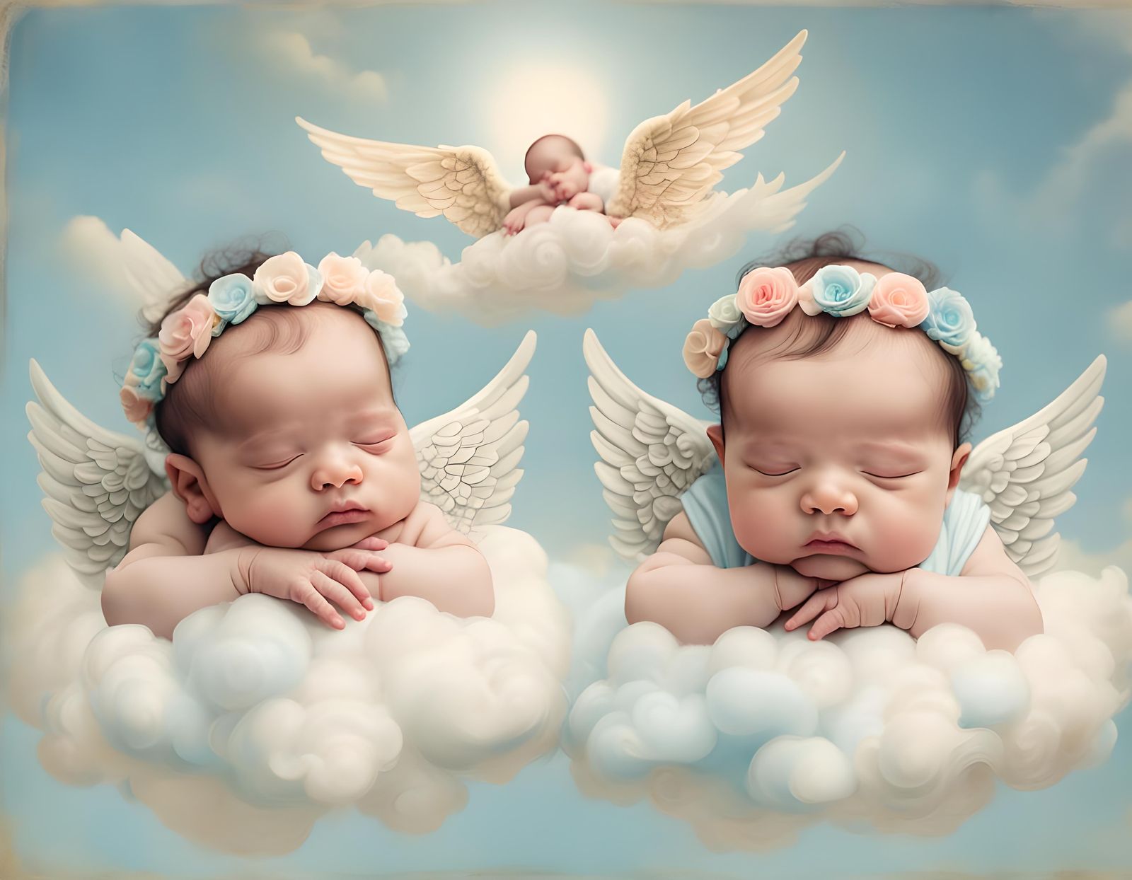 A retro close up photography  of two praying newborn  babyan...
