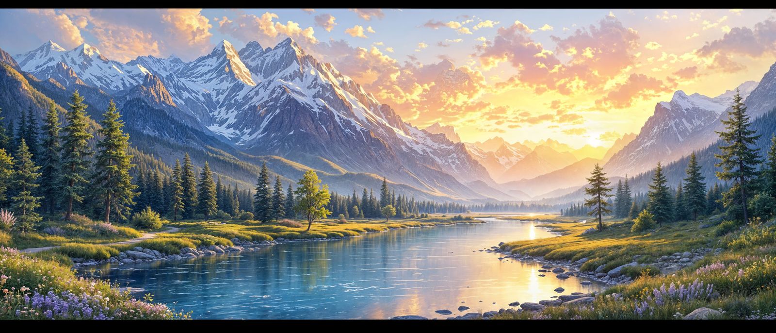 envision a serene landscape where a crystal-clear river meanders through a lush valley, reflecting the ...  by @undefined