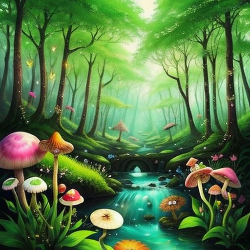Enchanted Fairy Scene with Mushrooms and Foliage