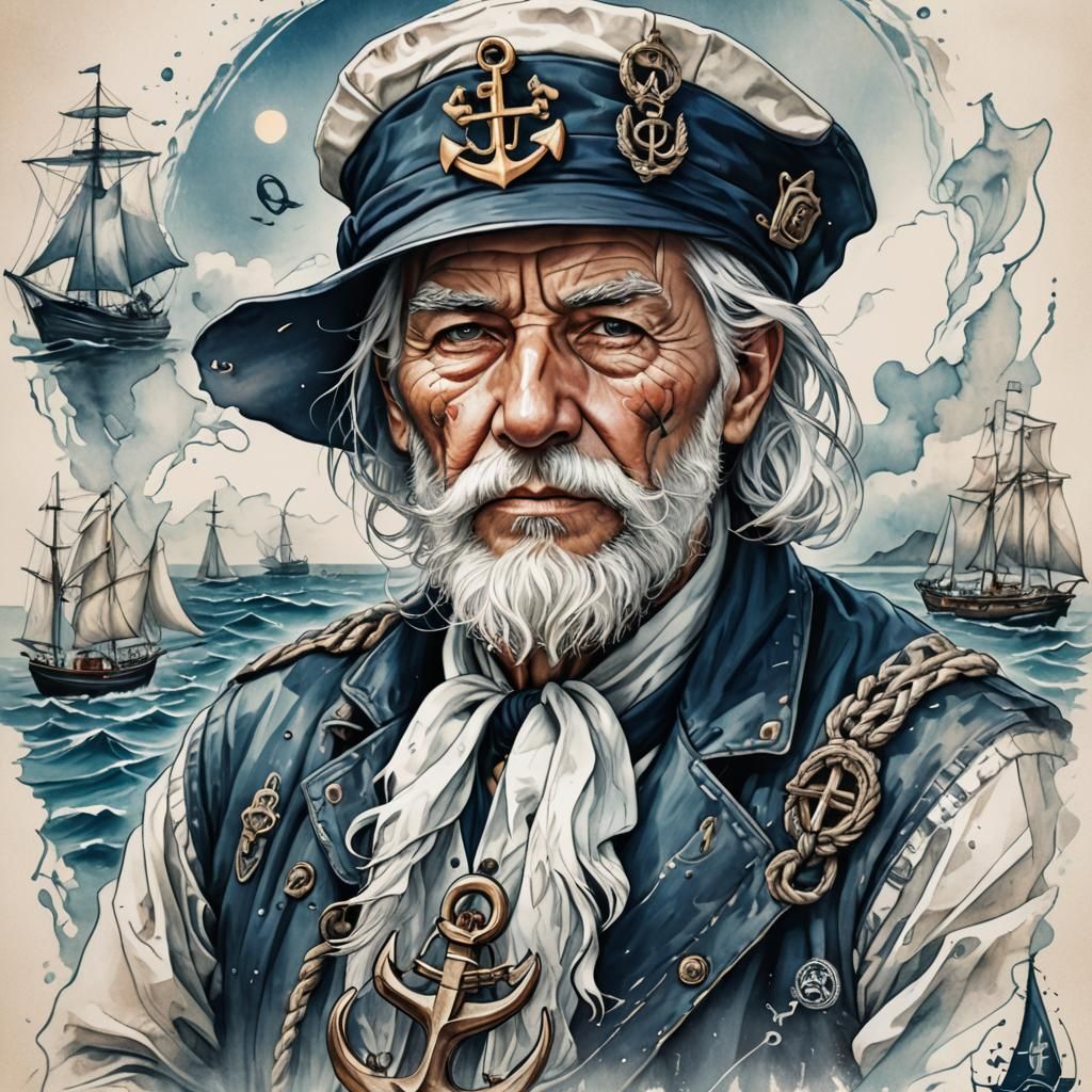 Over-detailed portrait of white-haired Old sailor with a sai...