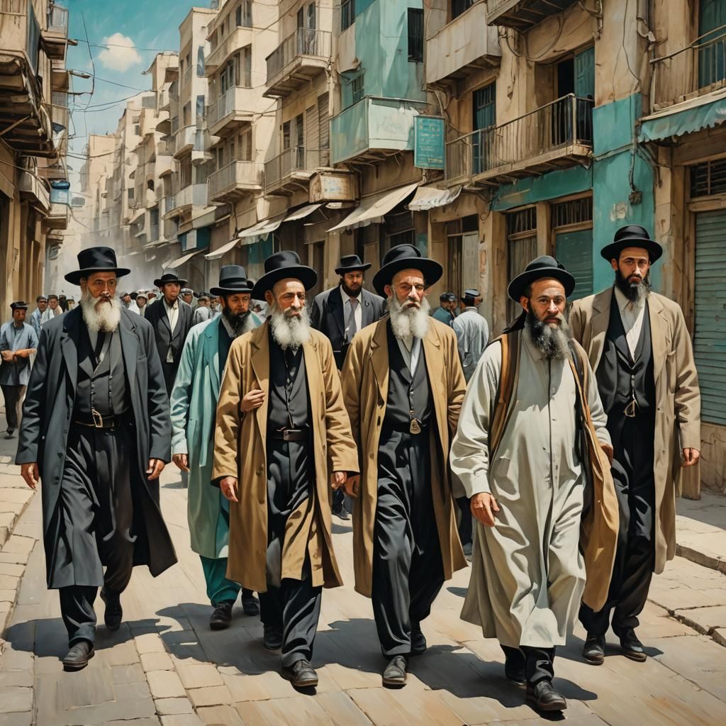 Orthodox Jewish Men Walking in Bnei Brak: Chassidic Art