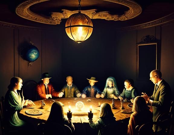 five people in a dimly lit old fashioned room sitting around...
