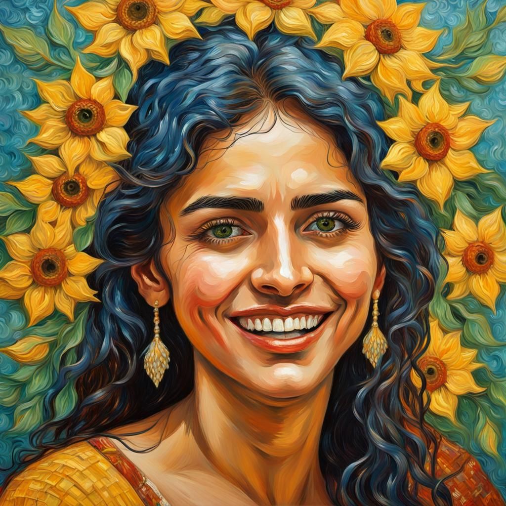 Impasto portrait with sunflowers