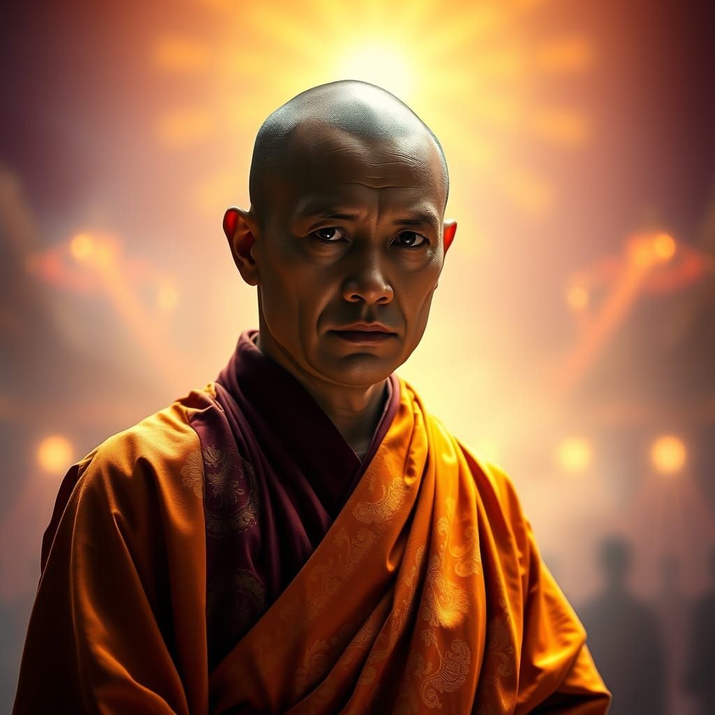 Buddhist Monk Standing Resolute in Vibrant Nirvana Realm