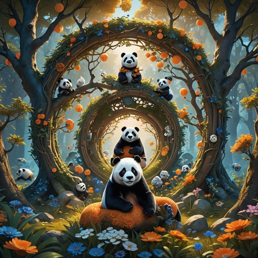 Panda Storyteller in Whimsical Fantasy Landscape