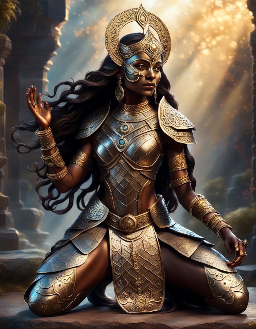 The statue of the cyborg named Progress looks like a beautiful, friendly smiling woman with dark bronzed skin