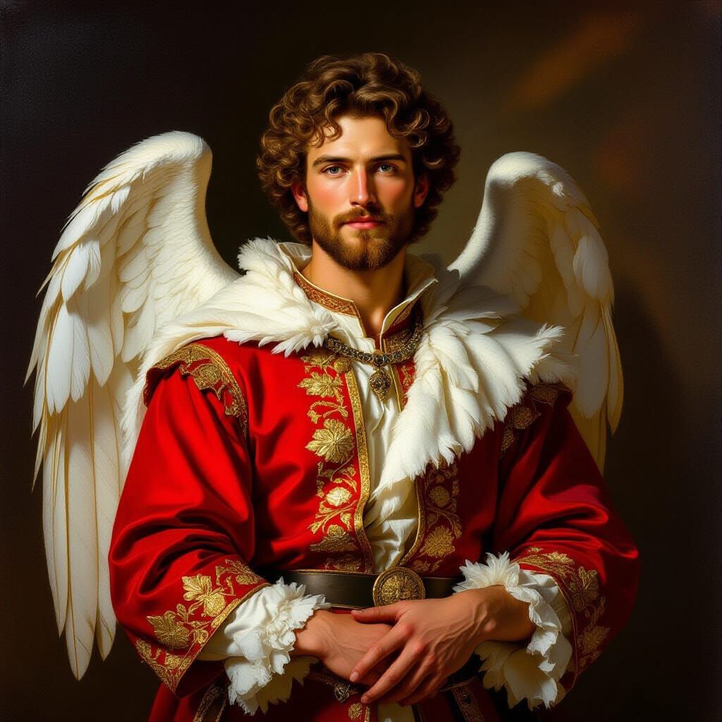 ARCANGEL URIEL CON GRANDES PLUMAS BLANCAS UN ANGEL HOMBRE VARON EMPLUMADO VESTIDO CON TUNICA ROJA BORDADA DE DORADO , ESTA DE PIE ROSTRO AMABLE Y GENTIL