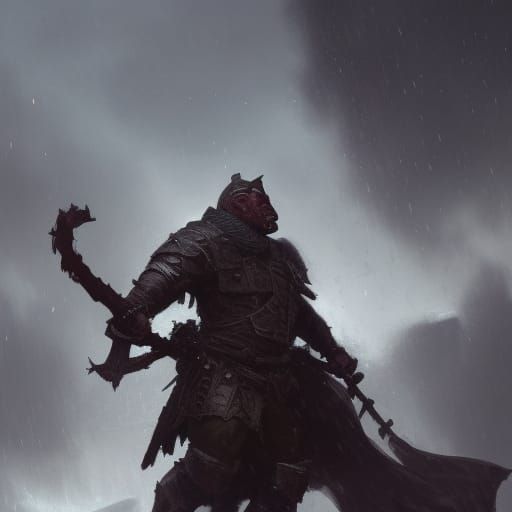 Half-orc with a heavy cowl clad in armor. Lost in a battlefi...