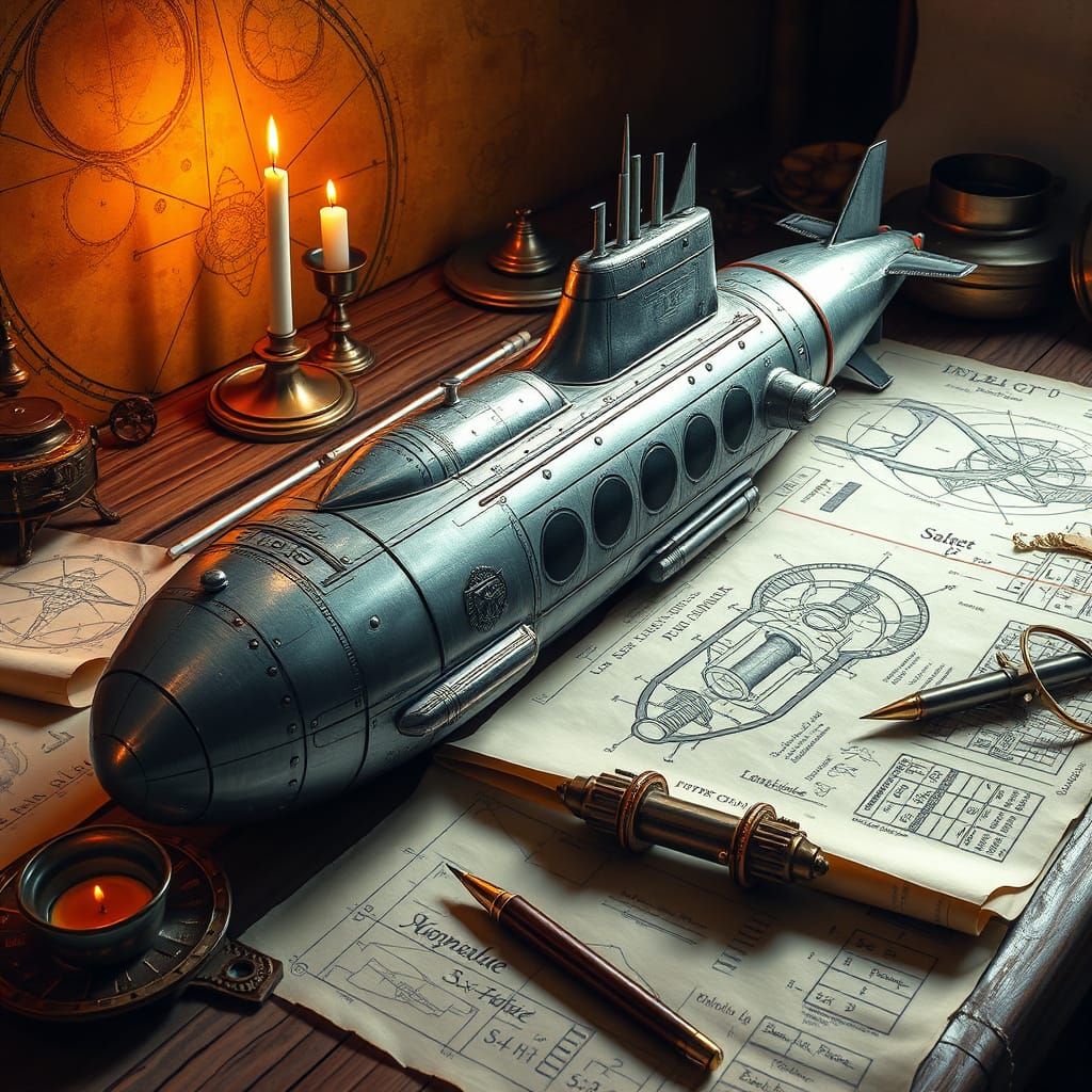 Futuristic Submarine on Wooden Table, Steampunk-Inspired