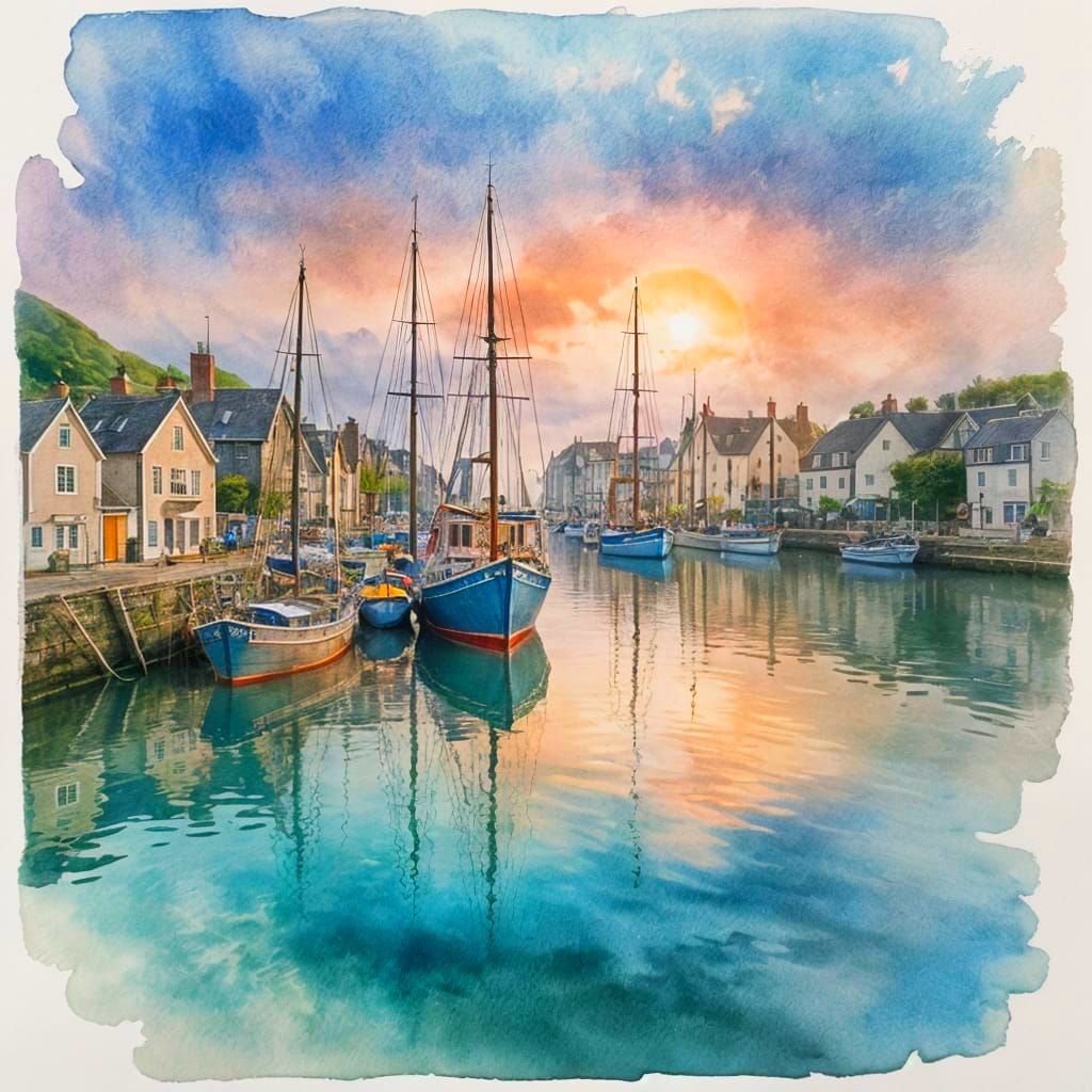 Dawn at Cornish Harbour: Watercolor Painting