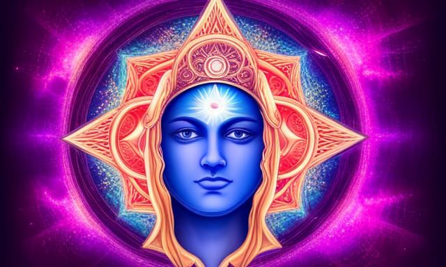 Design me with glowing third eye/crown chakra, against cosmi...