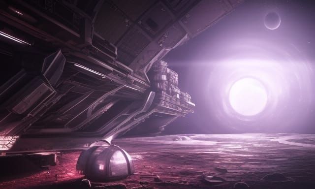 abandoned space station at moon, deep color, dark
