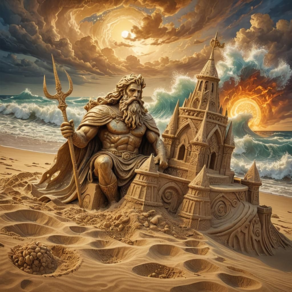 Poseidon builds sand castle - sand sculpture  by @Tari