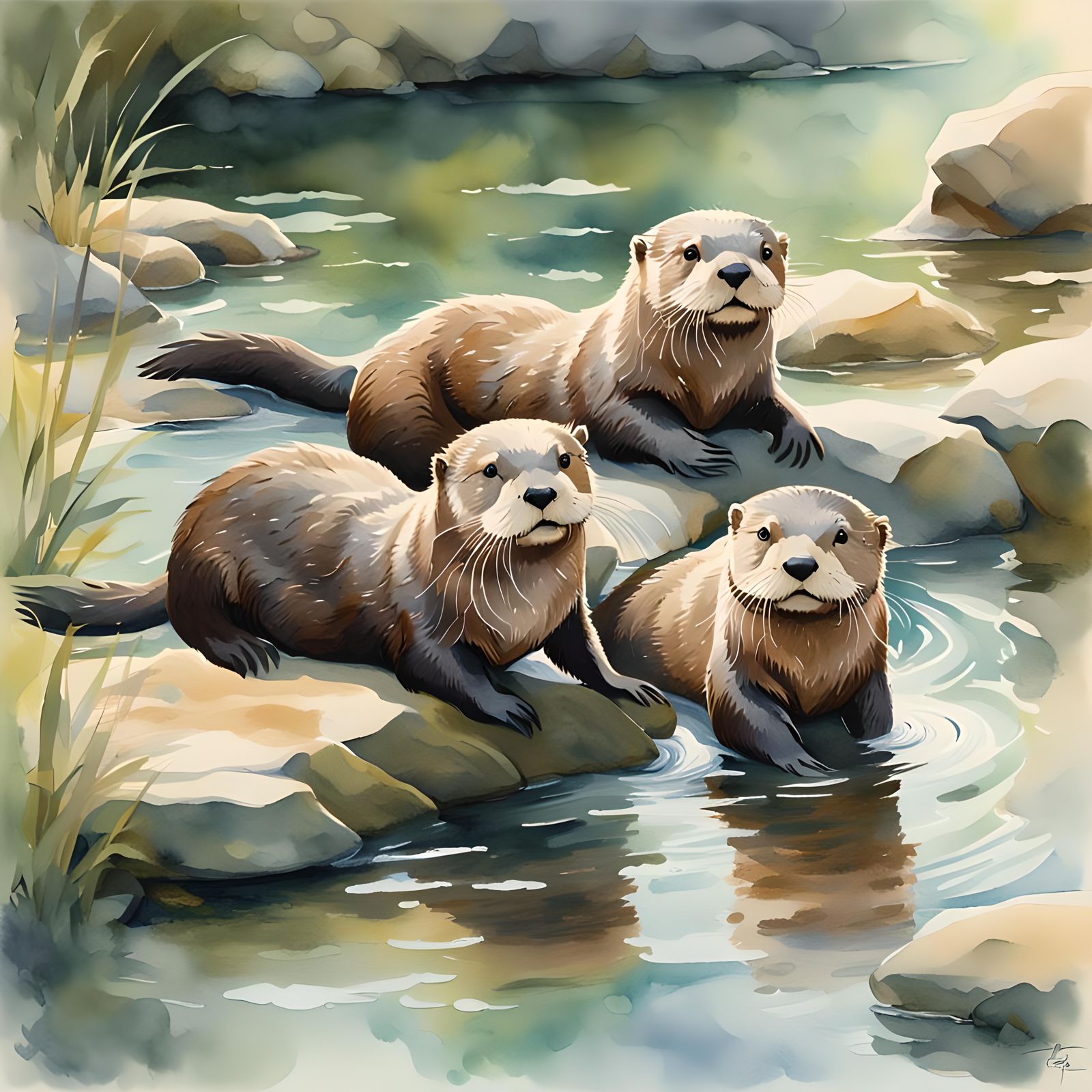 frolicking in a pristine river, their sleek fur shining