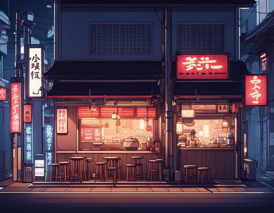 Ramen small restaurant at night, japanese city lights, cyberpunk, ramen ...