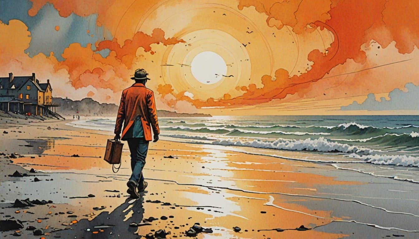 cold morning at the beach coloured pencil style Jean Tinguely poster art  by @rod1947