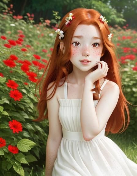 Auburn-Haired Girl Picking Flowers in Anime Style