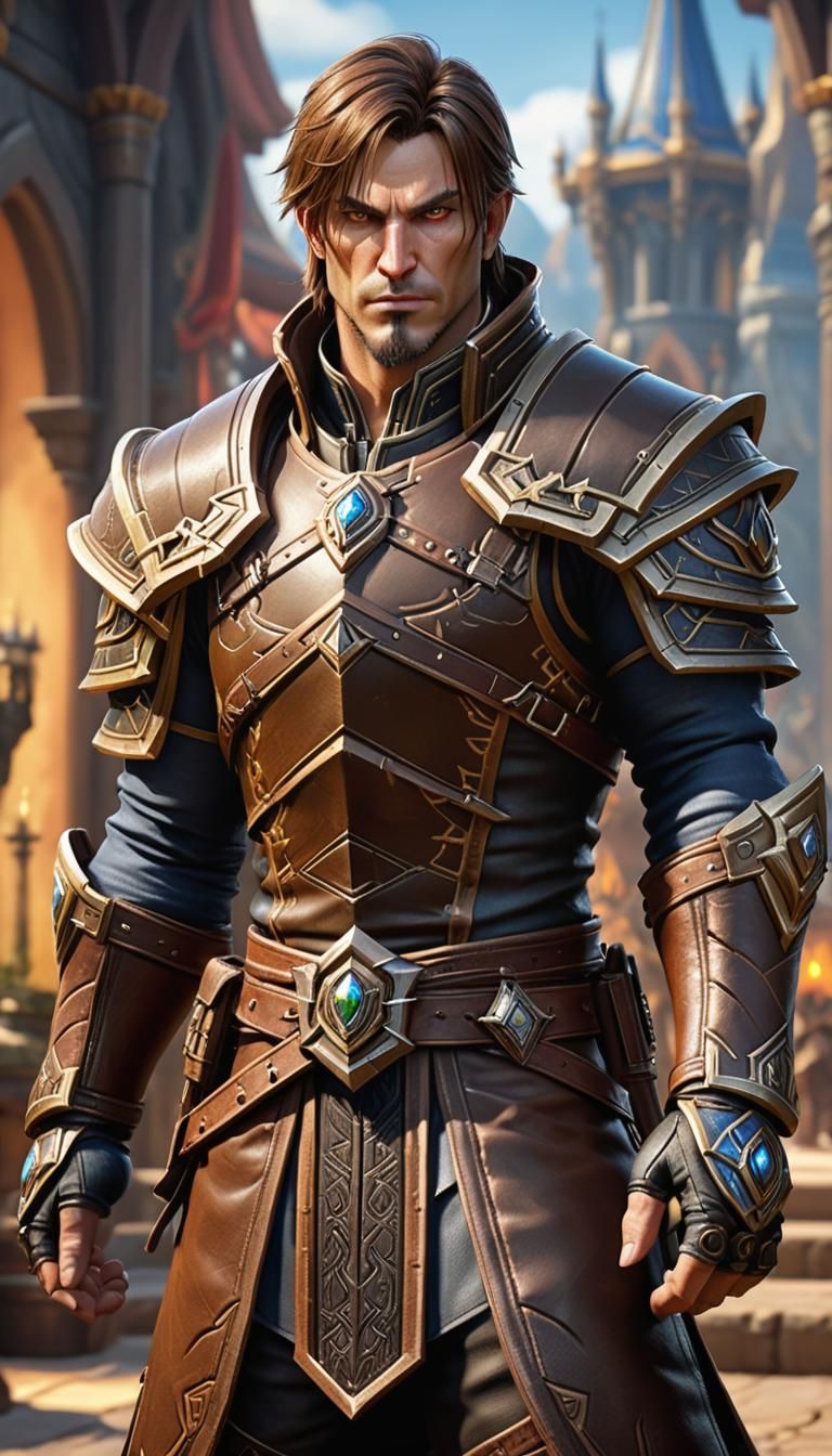 A human lord. short brown hair, wearing practical leather clothes. View of full body, a masterpiece, perfect face, perfect hands, perfect ey...