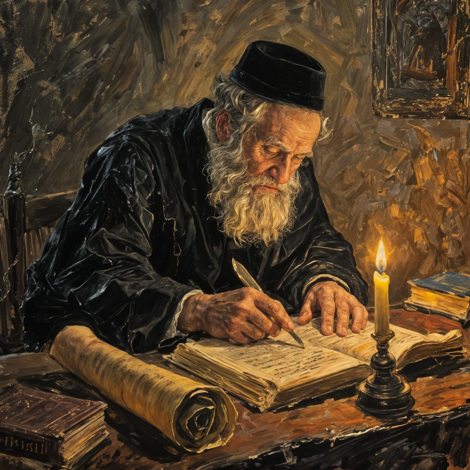 Hasidic Scholar Portrait in Impasto Oil Painting