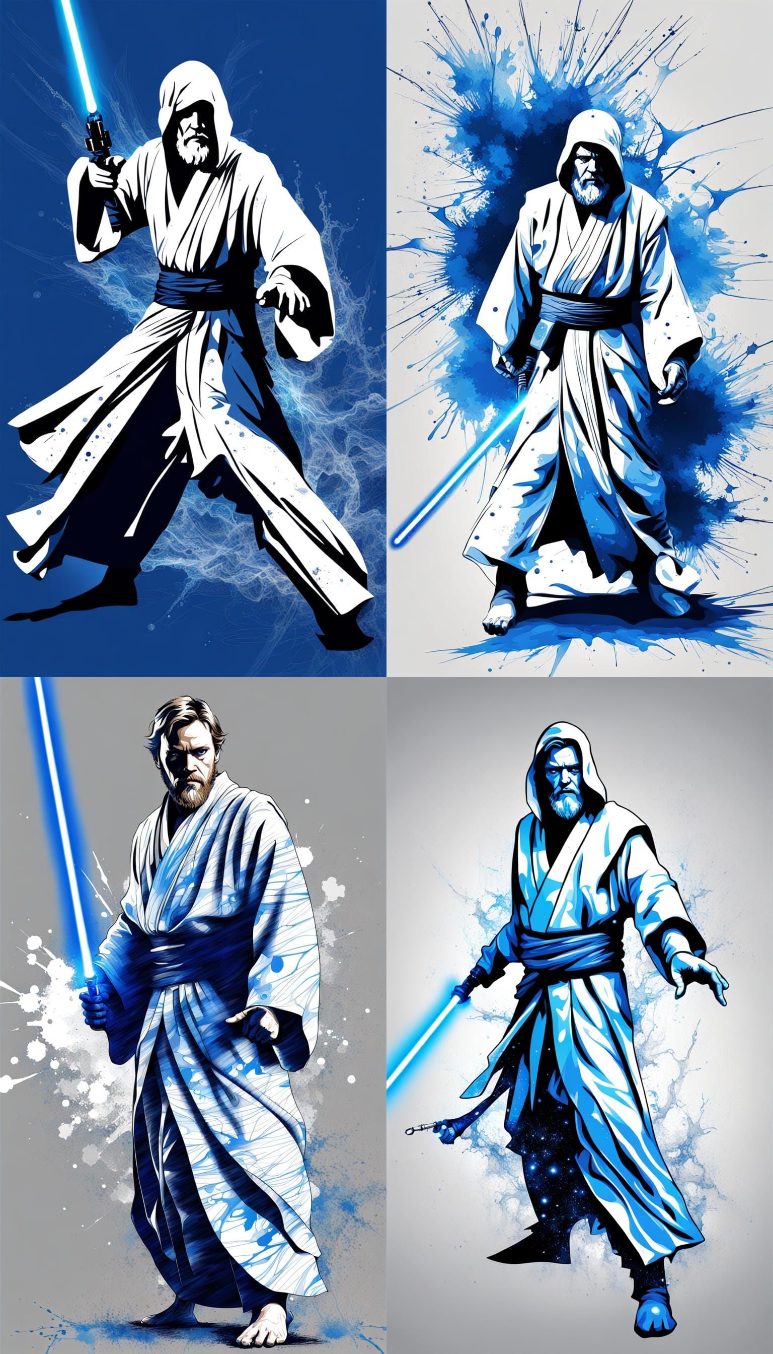 Blue ink splatter art Obi wan Kenobi. Full body with lightsaber battle