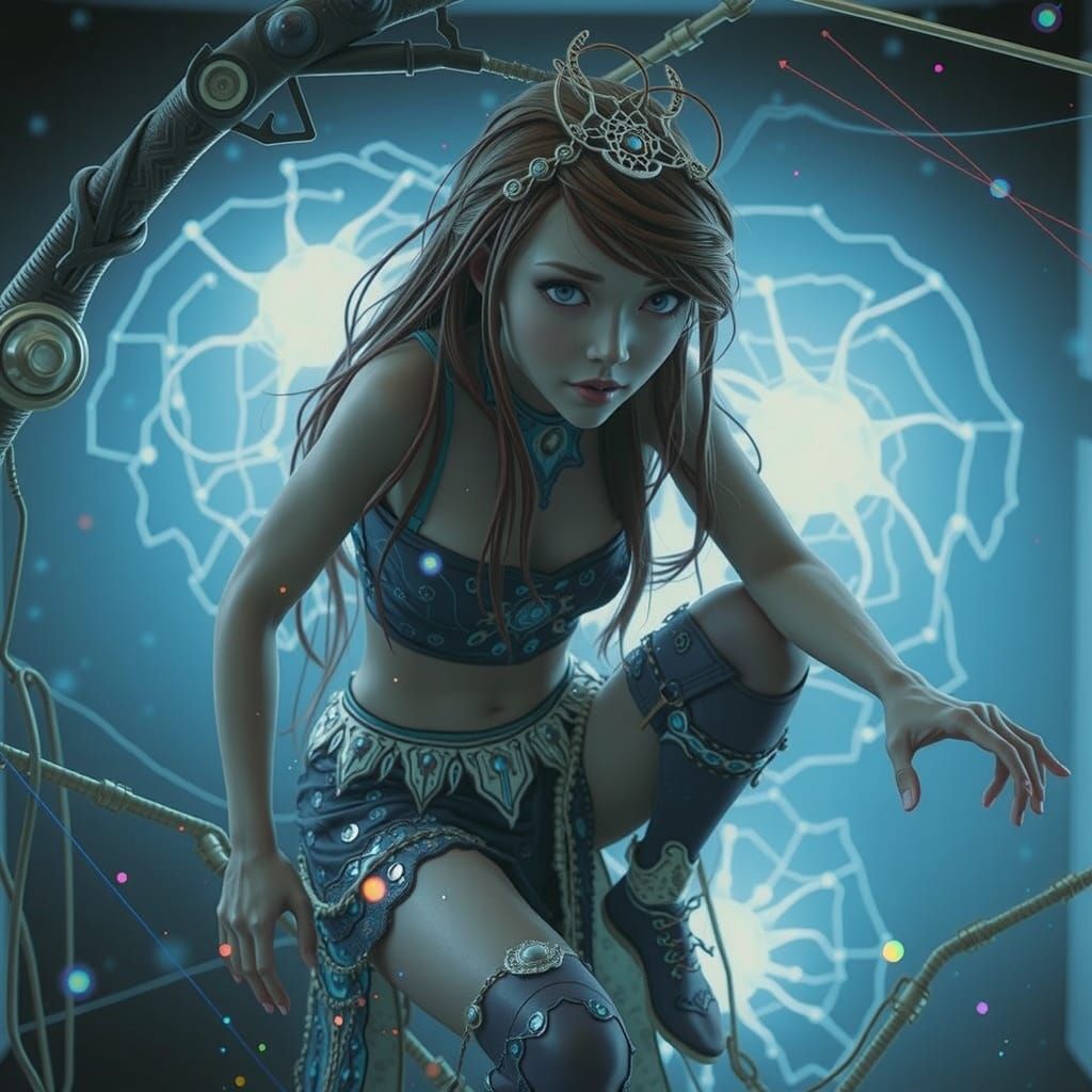  A humanoid figure ,A stunning image of a humanoid figure in the style of neuromorphing. The figure stands against a background resembling a neural network, wit...