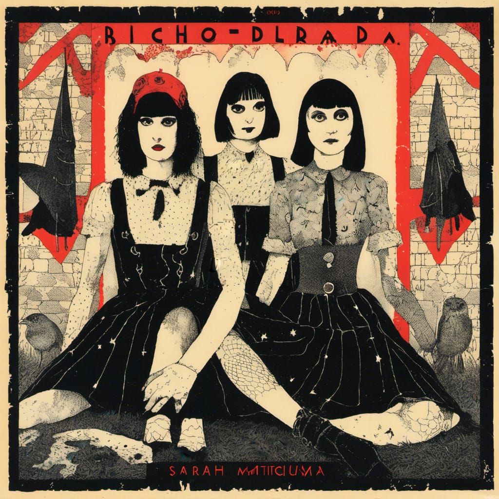 <lora:Corvidicon:1.0> promo poster art featuring Sarah Salem, Cassandra Rekkt and Loosy Chill of The Cacklettes, the industrial witchpunk f...