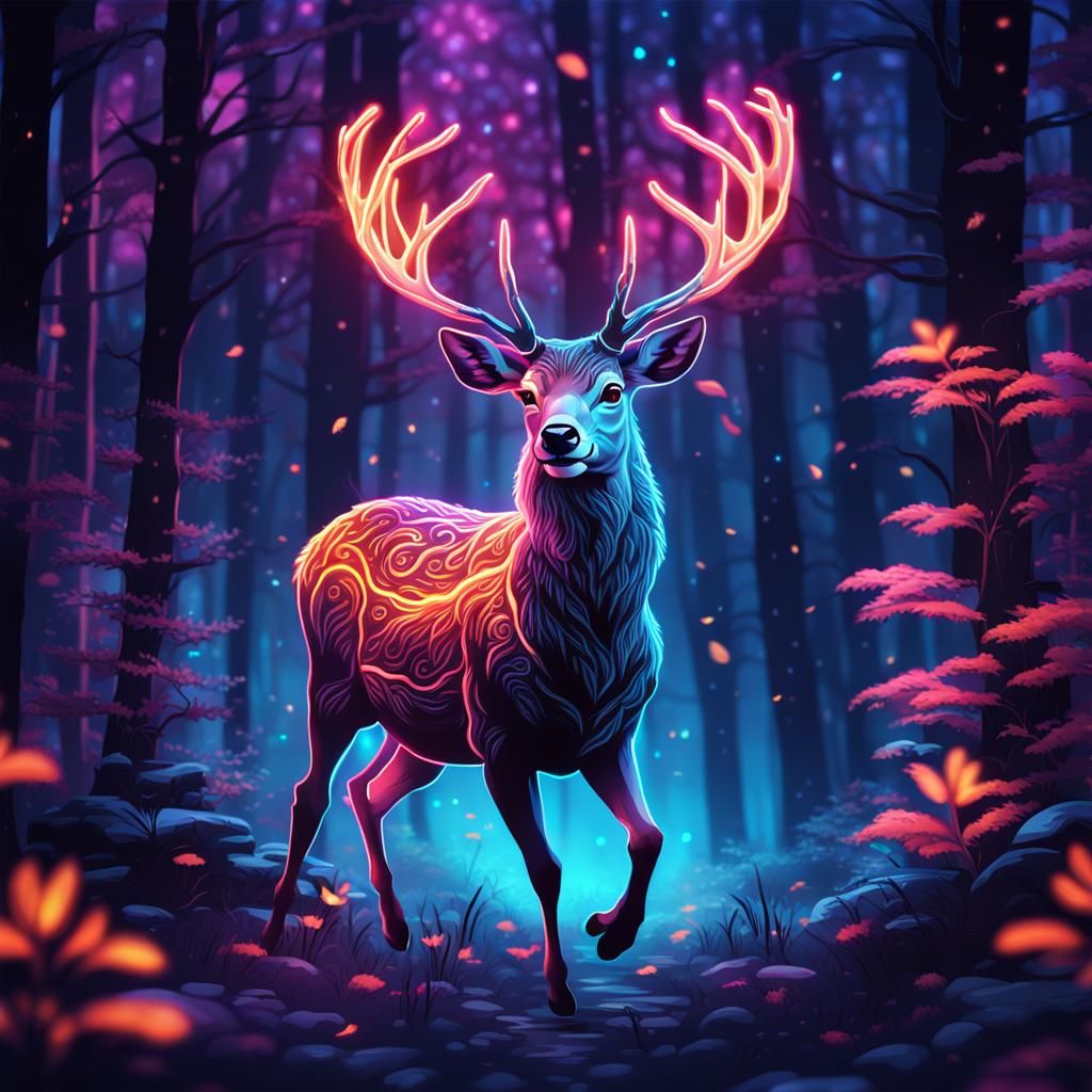 Adorable Deer Running in a Magical Neon Forest