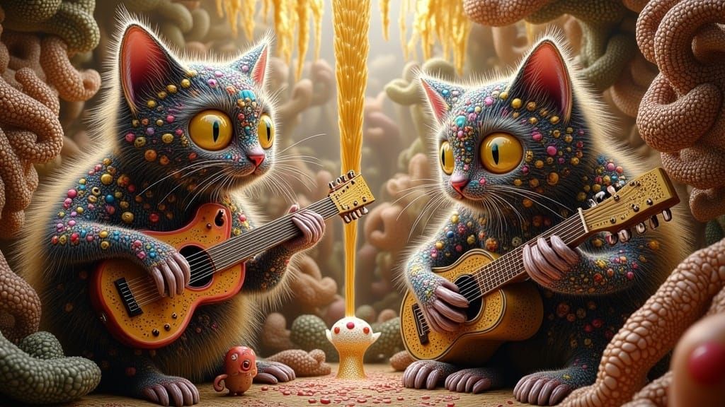 cat musicians playing guitars <lora:Catmania:1.0>   by @Gecko