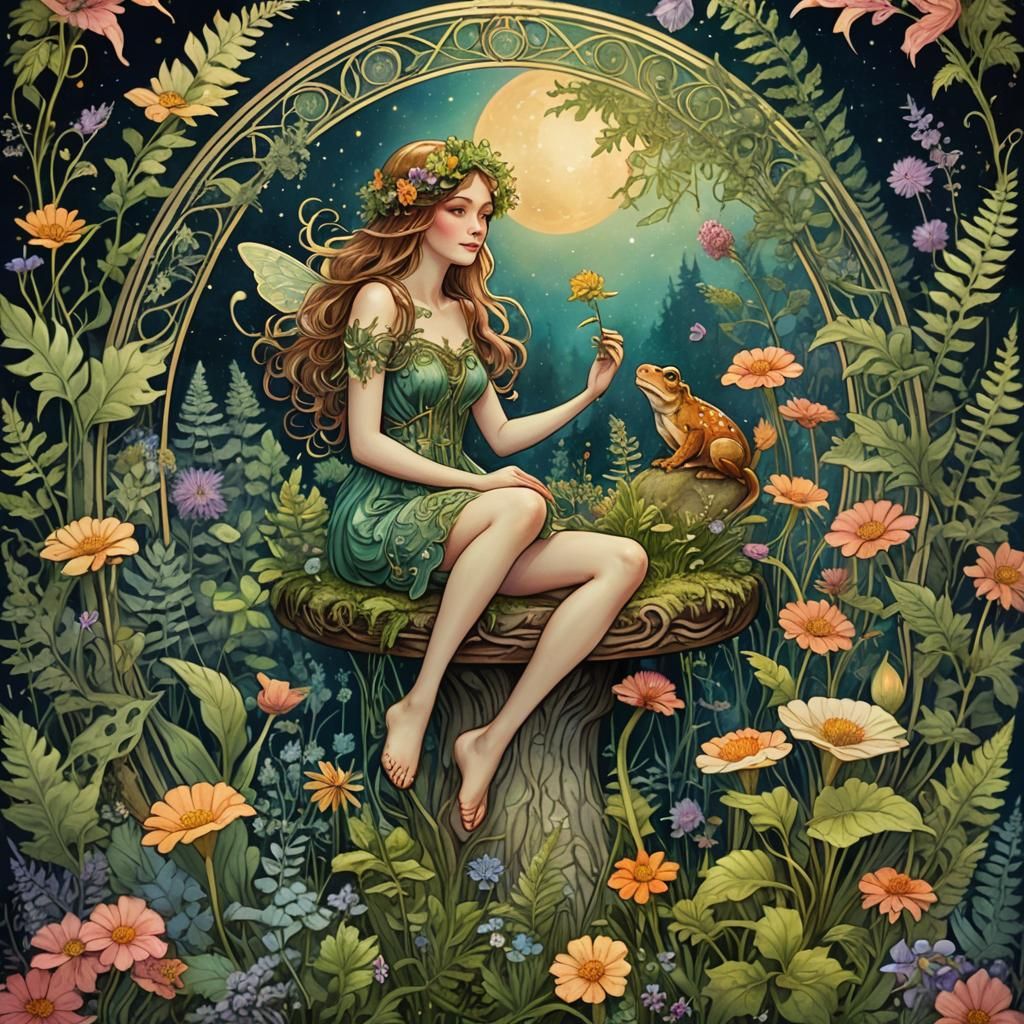 Art nouveau fern and flower frame, fairy sitting on a toad s...