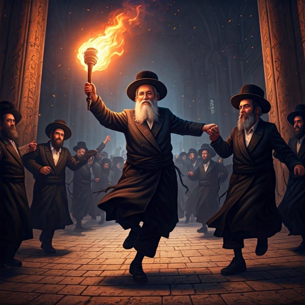 Joyful Hasidic Celebration in Traditional Attire