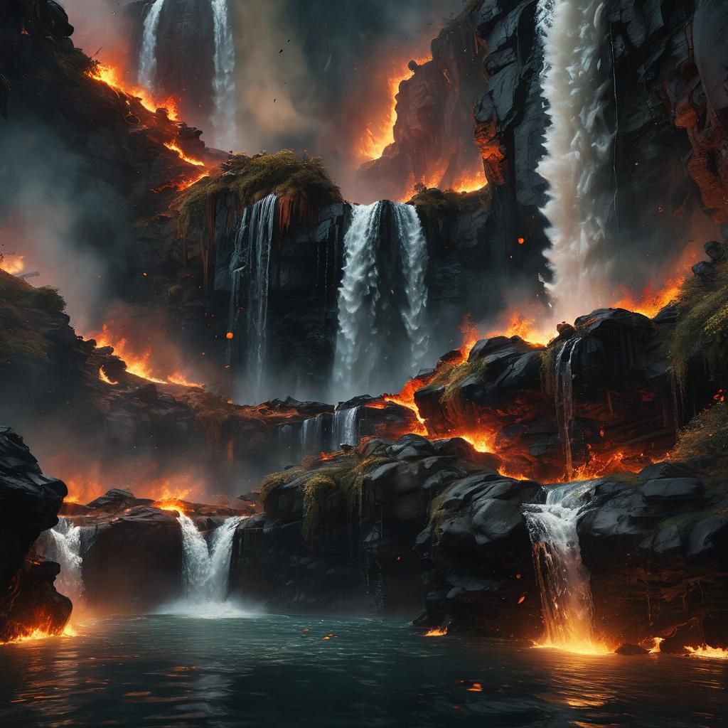 Surreal Fire and Water Waterfall in Dreamlike Landscape
