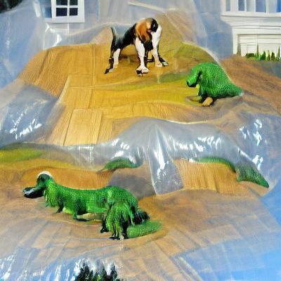 Giant plastic t-rex big house sound of music dog pack rollin...