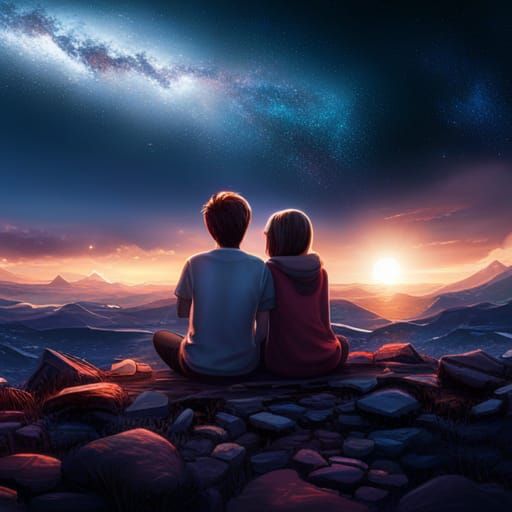 A boy and a girl sit under a clear night sky and making dreams, digital ...