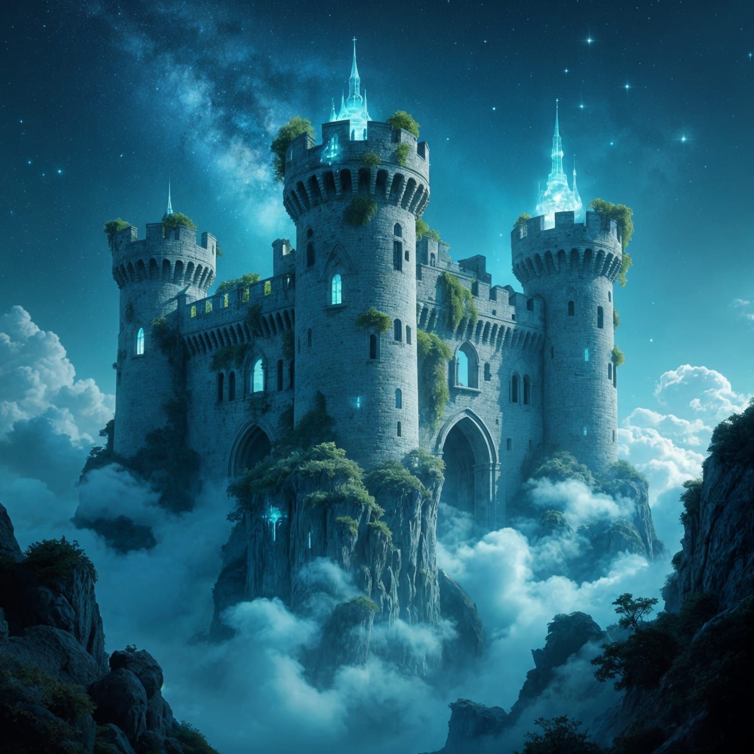 A colossal, ancient castle, its ramparts now home to strange, bioluminescent flora and fauna, floats serenely in the cosmic void. Starlight ...