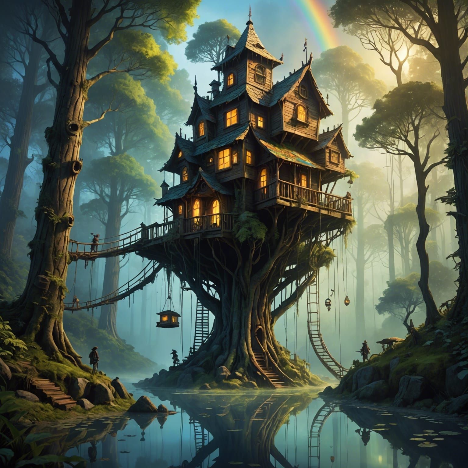 Treehouses character that works in the forest, hyperdetailed...