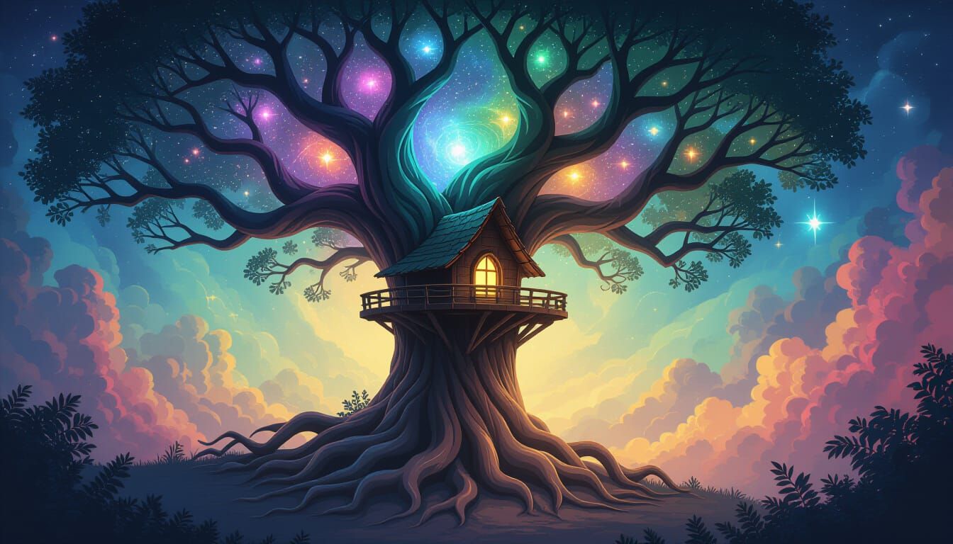 A majestic, ancient tree with roots that delve into the fabric of spacetime, its branches adorned with glowing cosmic energy. A small, intri...
