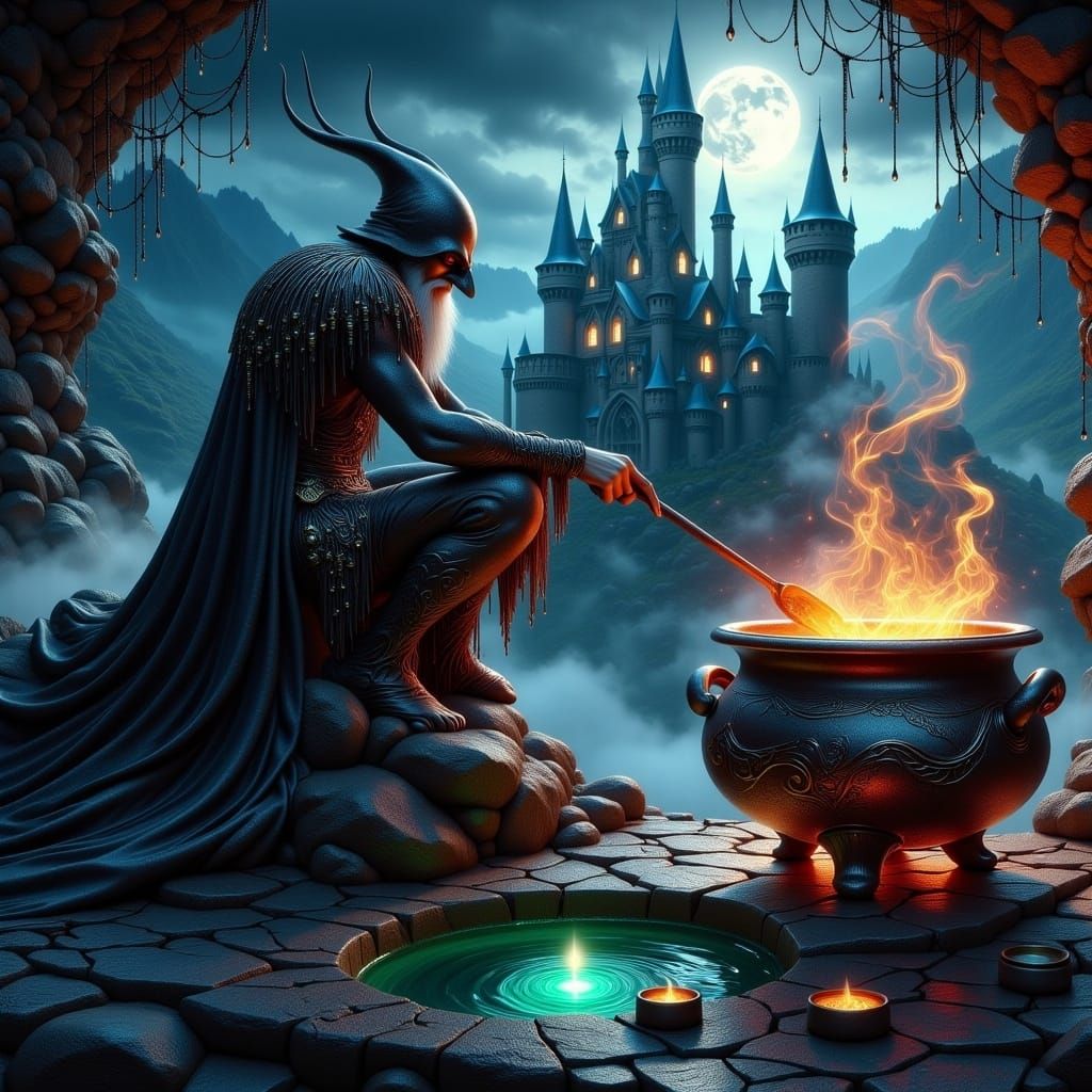 <lora:Winged Creatures:1.0>A majestic Witchmaster rowing in a firey glowing bubbling cauldron, on a Cliffside beside an ancient weathered ha...