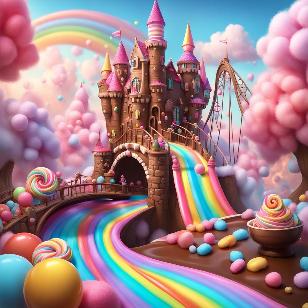 Chocolate and cotton candy castel with chocolate bridge and candy stream with rainbow  by @dalila tegiacchi