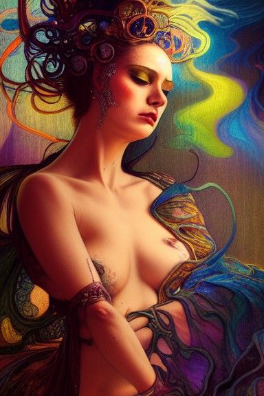 A queen of debauchery, disintegrating from light into fracta...
