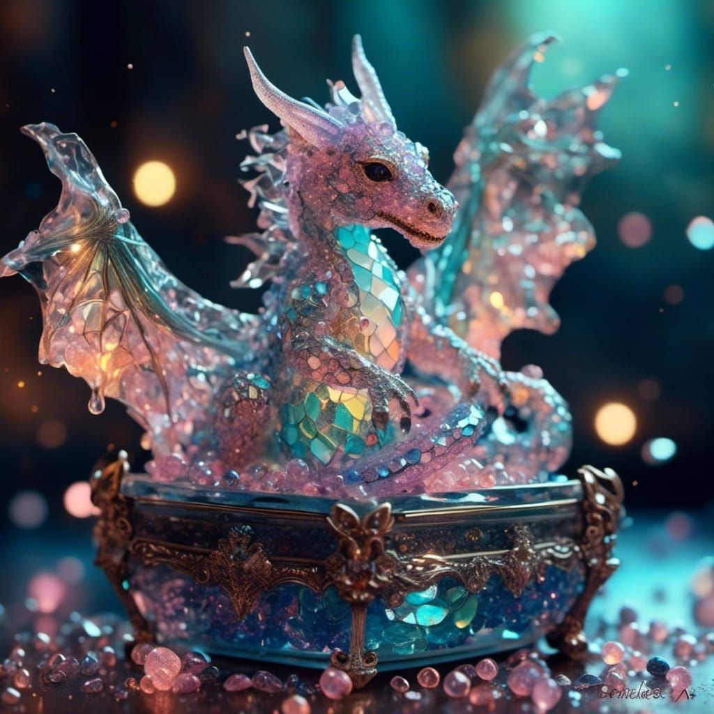 <lora:Cracked glass:1.0> A cute miniature baby dragon sitting in a glass jewelry box overflowing with glowing glass jewelry.