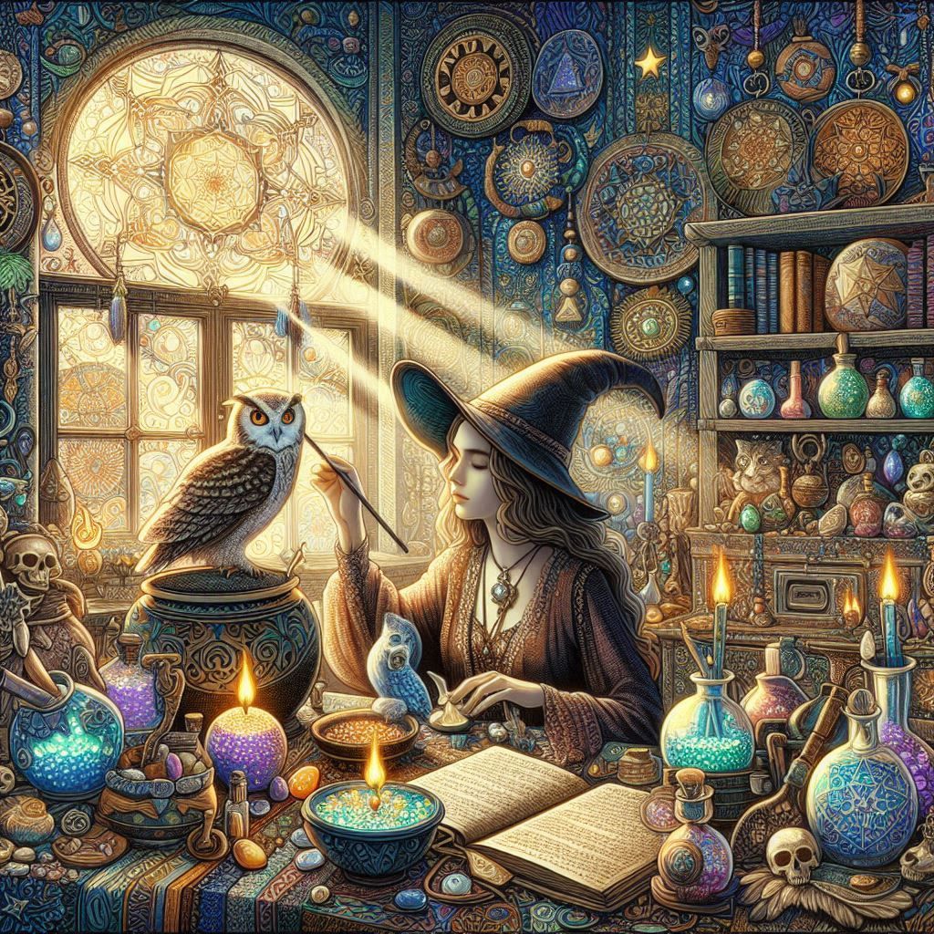 Young witch studying with her owl