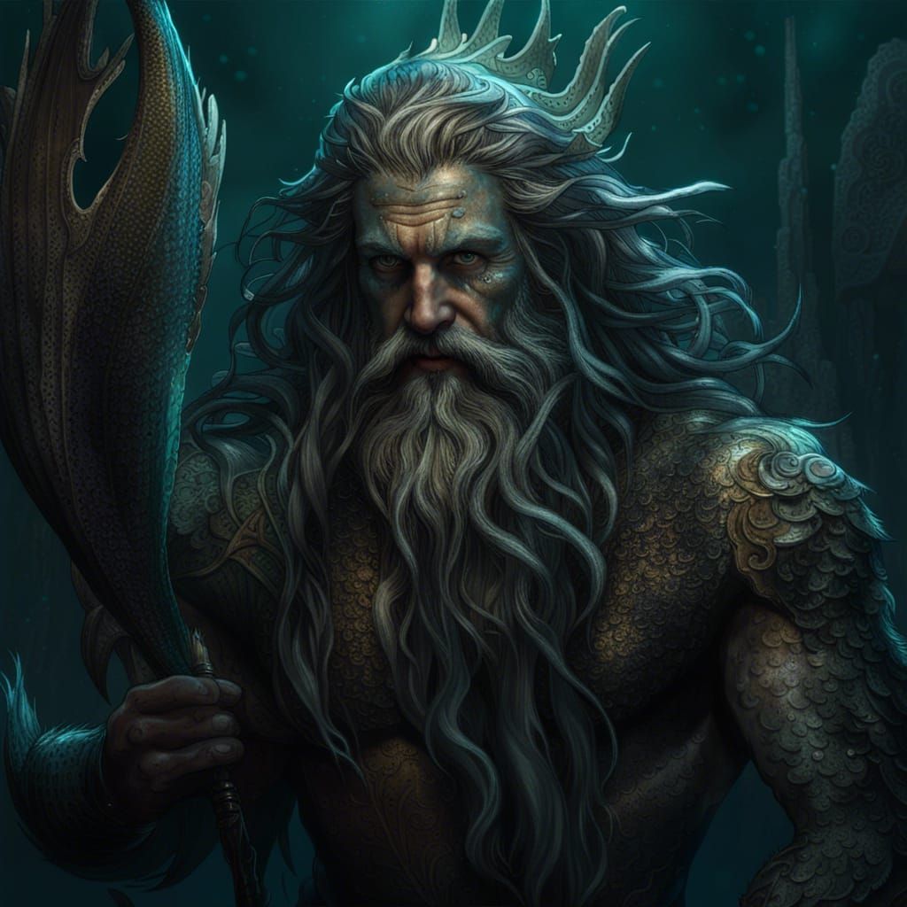 Merman king flowing long hair and beard with a weathered old face and ...