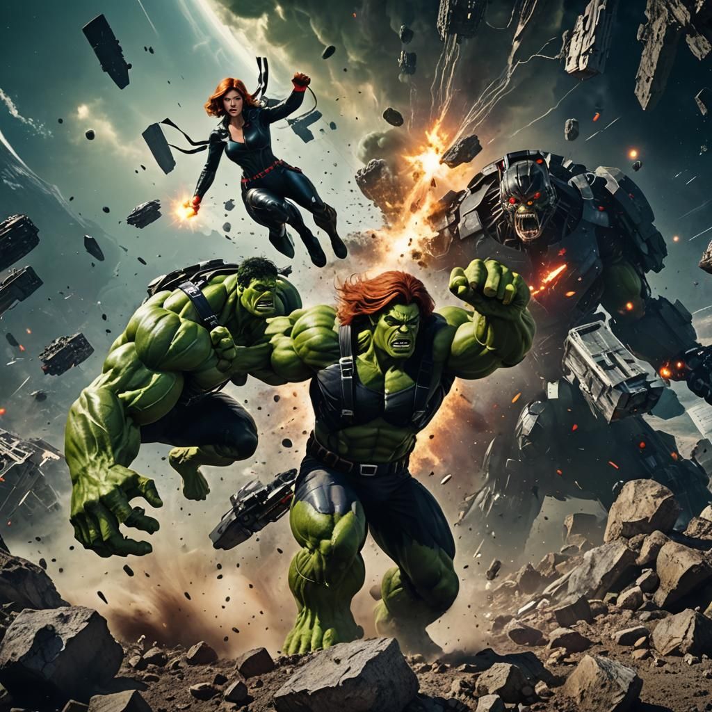 make a picture of a giant hulk and giant black widow smashing the entire  Earth from space, graphic novel style - AI Generated Artwork - NightCafe  Creator