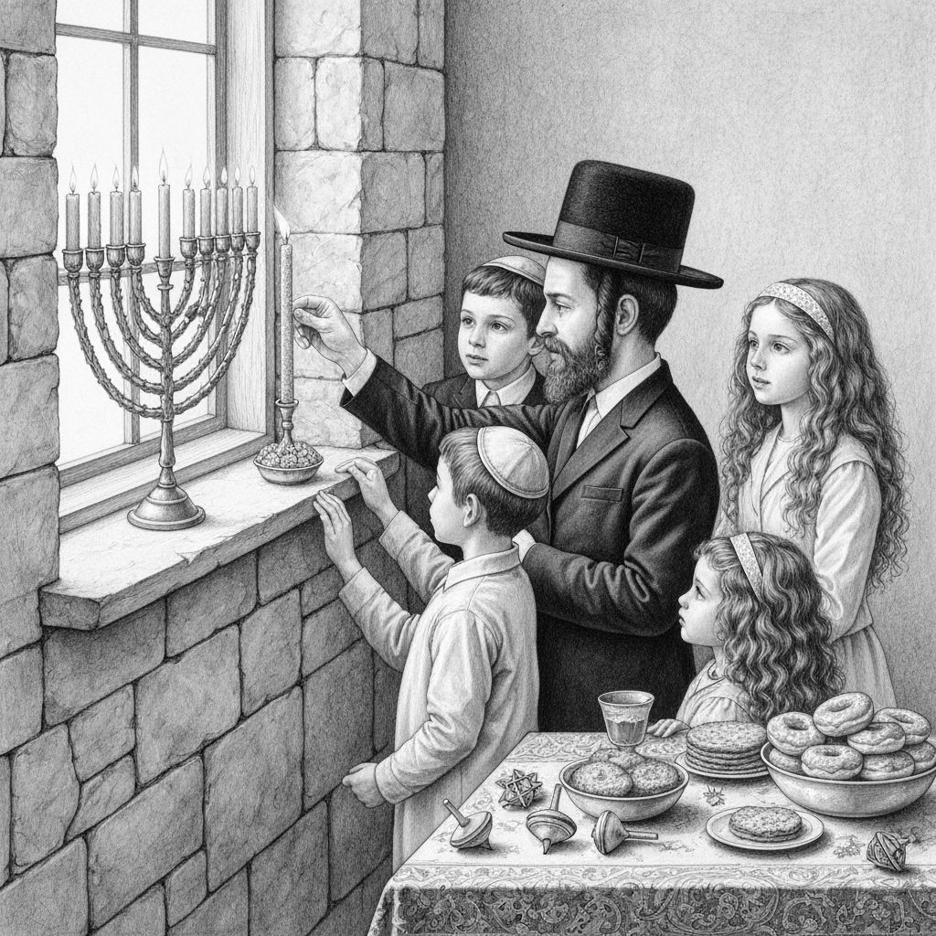 Chasidic Family Lighting Chanukah Candles in Graphite Art